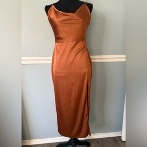 Fashion Nova Satin Copper Midi Dress L